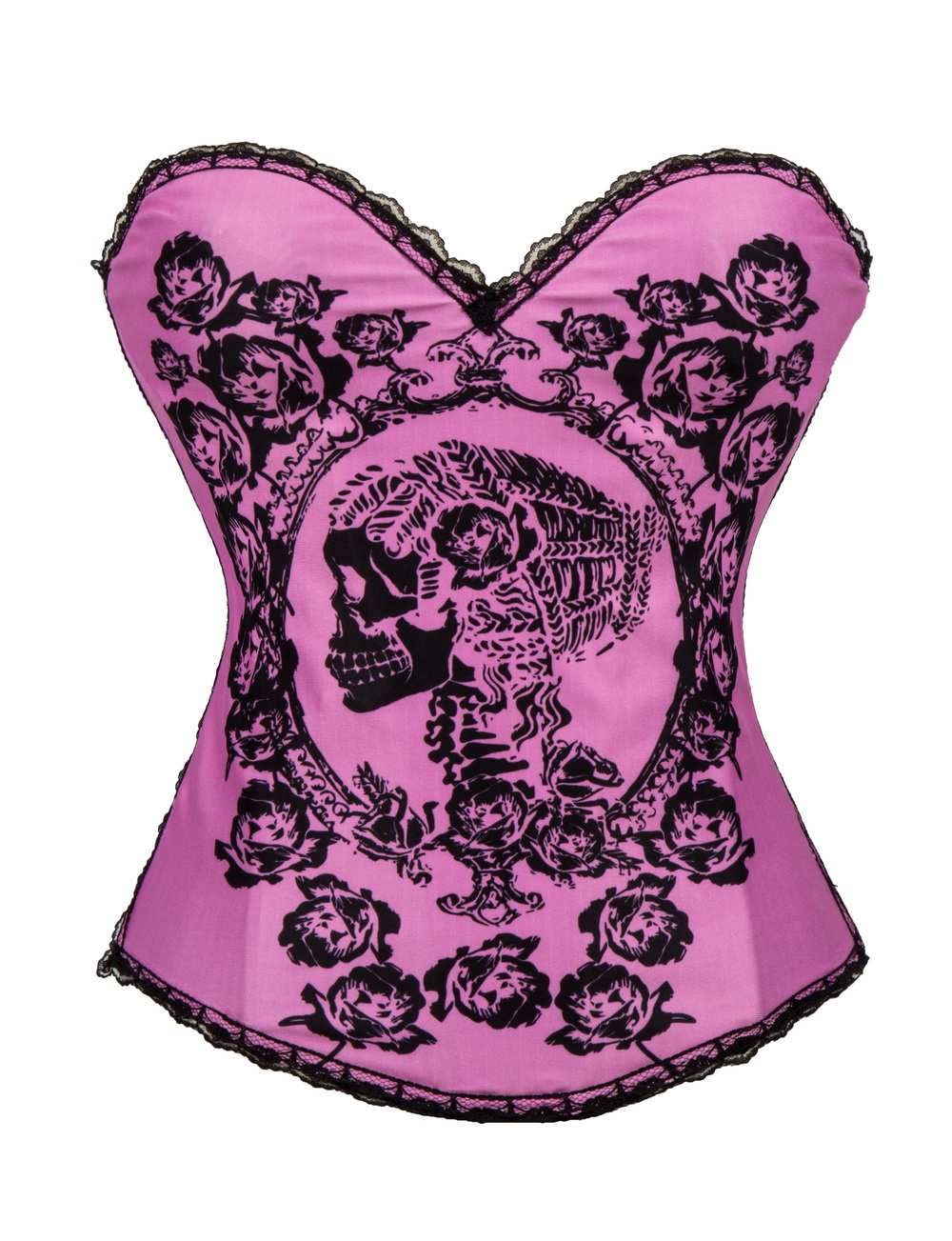 F66366    Pink Cotton Floral And Skull Burlesque Corset